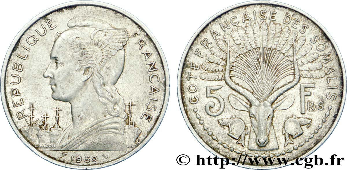 SOMALIA FRANCESA 5 Francs 1959 Paris BC 