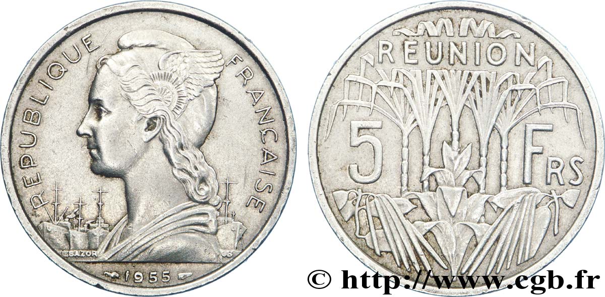 REUNION ISLAND 5 Francs 1955 Paris AU 