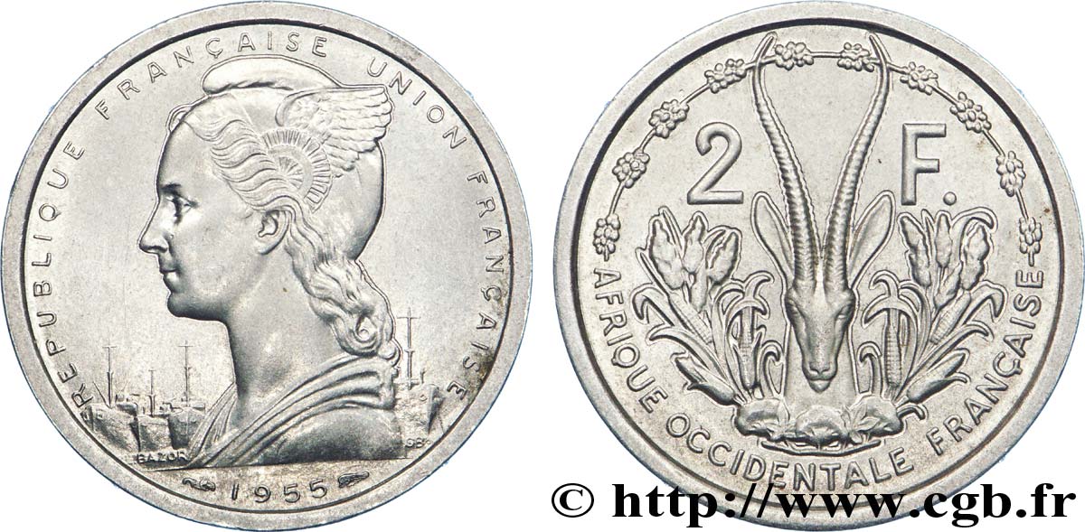 AFRICA OCCIDENTALE FRANCESE - UNION FRANCESA 2 Francs 1955 Paris SPL 