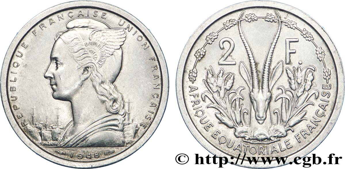 FRENCH EQUATORIAL AFRICA - FRENCH UNION / UNION FRANÇAISE 2 Francs 1948 Paris AU 