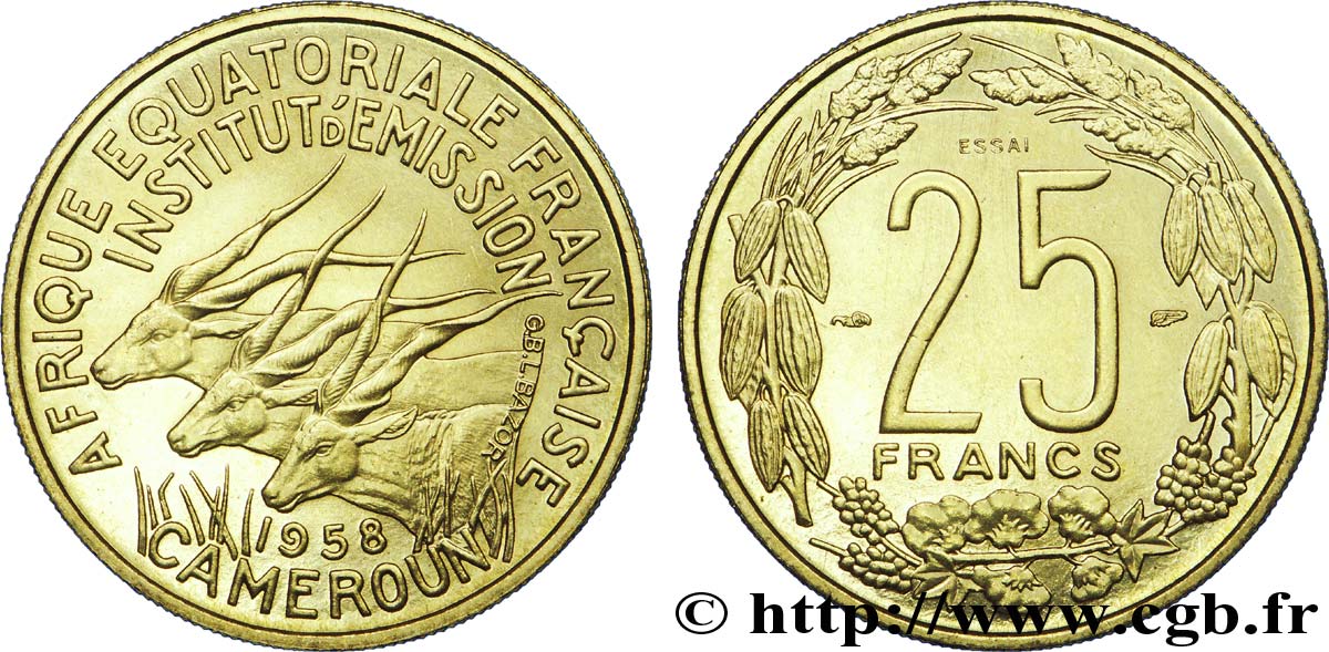 FRANZÖSISCHE EQUATORIAL AFRICA - KAMERUN 25 Francs ESSAI 1958 Paris fST 