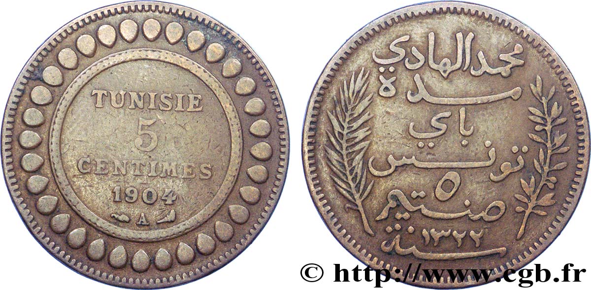 TUNISIA - French protectorate 5 Centimes AH1322 1904 Paris XF 