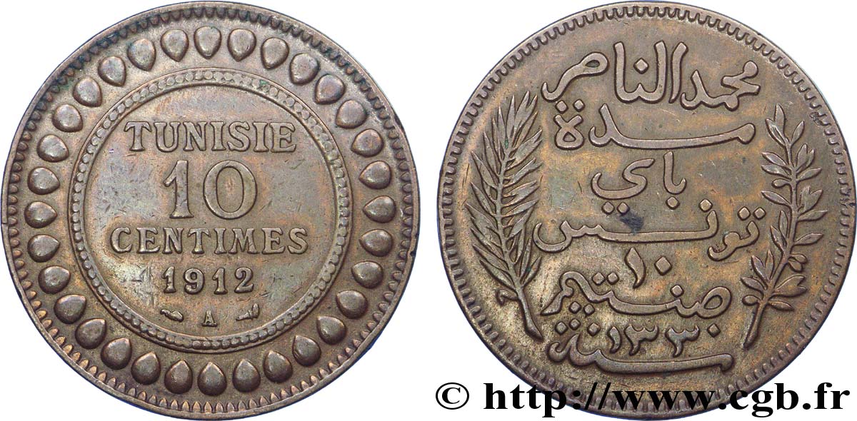 TUNISIA - French protectorate 10 Centimes AH1330 1912 Paris XF 