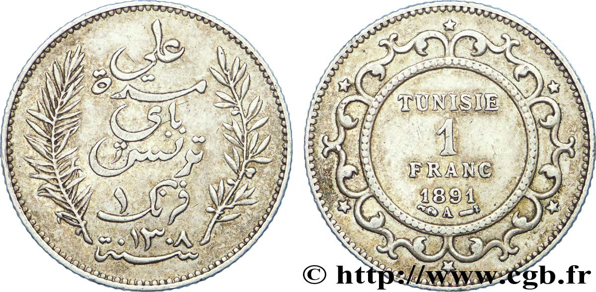TUNISIA - Protettorato Francese 1 Franc AH 1308 1891 Paris q.SPL 