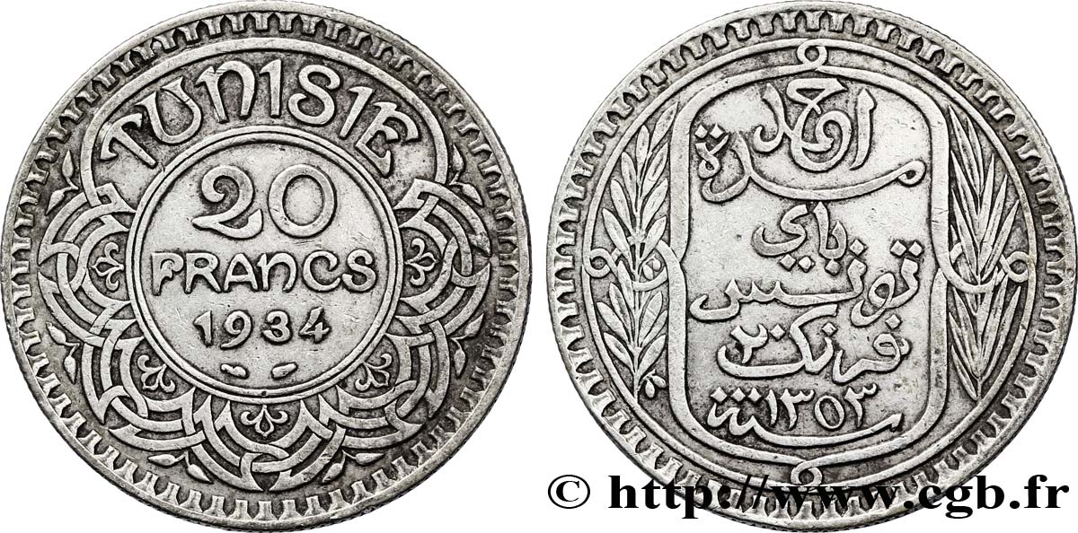 TUNISIA - Protettorato Francese 20 Francs au nom du  Bey Ahmed an 1353 1934 Paris BB 