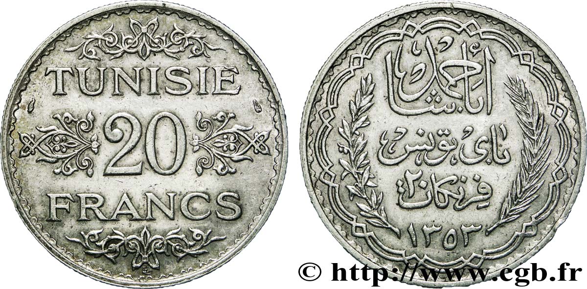 TUNEZ - Protectorado Frances 20 Francs au nom du  Bey Ahmed an 1353 1934 Paris MBC+ 