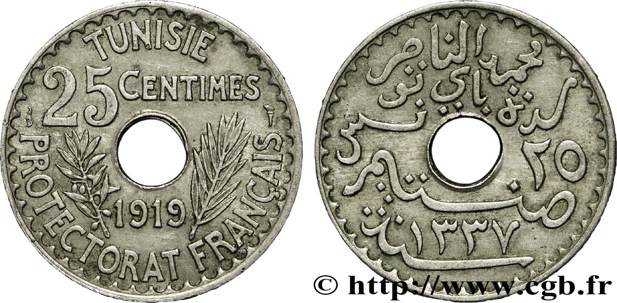 TUNISIA - French protectorate 25 Centimes AH1337 1919 Paris AU 