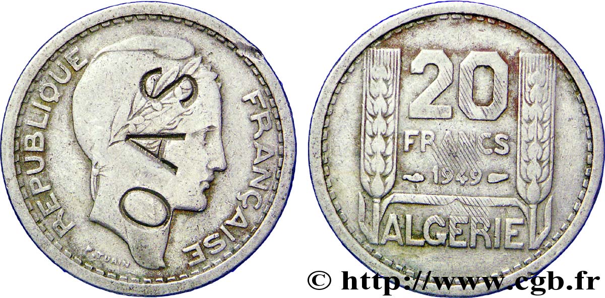ALGERIEN 20 Francs Turin satirique poinçonnée OAS 1949 Paris S 