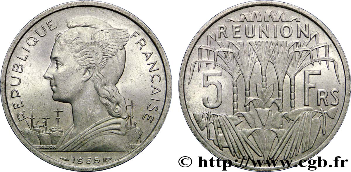 REUNION INSEL 5 Francs Marianne / canne à sucre 1955 Paris VZ 