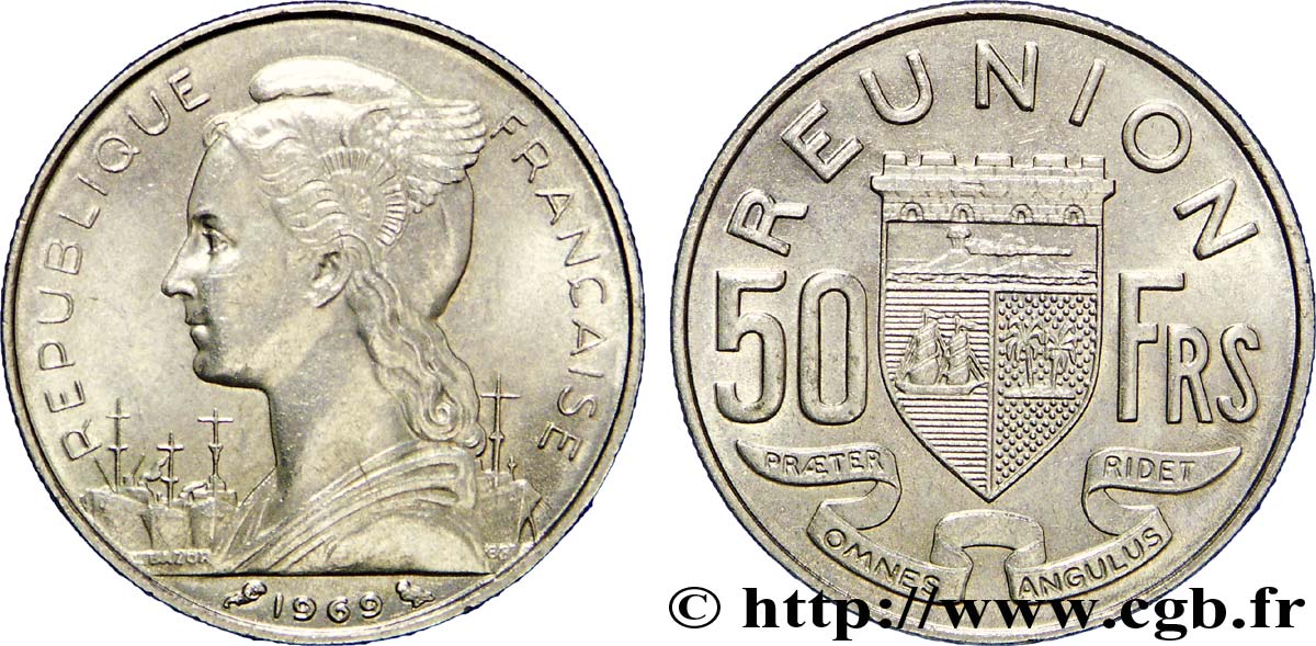ISOLA RIUNIONE 50 Francs / armes de Saint Denis de la Réunion 1969 Paris MS 