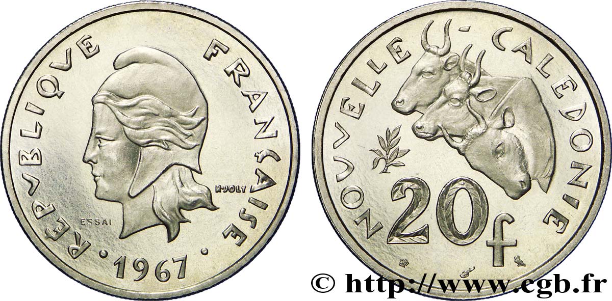 NEUKALEDONIEN Essai de 20 Francs Marianne / buffles 1967 Paris fST 