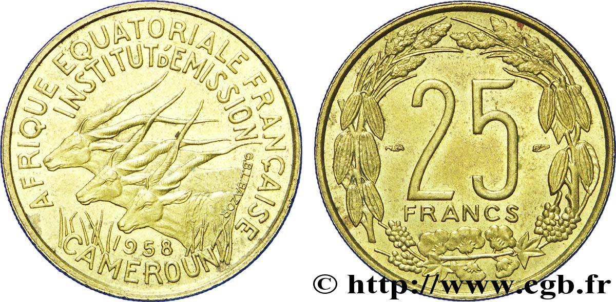 FRANZÖSISCHE EQUATORIAL AFRICA - KAMERUN 25 Francs antilopes 1958 Paris VZ 