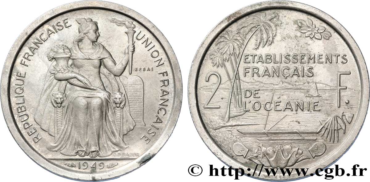 FRENCH POLYNESIA - French Oceania Essai de 2 Francs Établissements français de l’Océanie 1949 Paris MS 