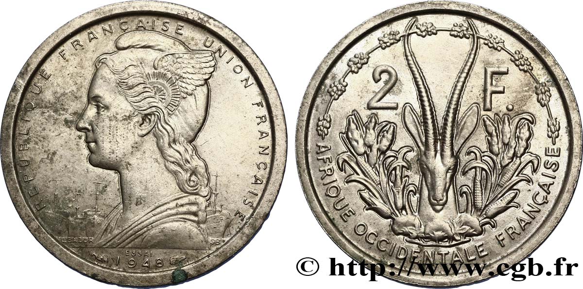 AFRICA OCCIDENTALE FRANCESE - UNION FRANCESA Essai de 2 Francs 1948 Paris SPL 