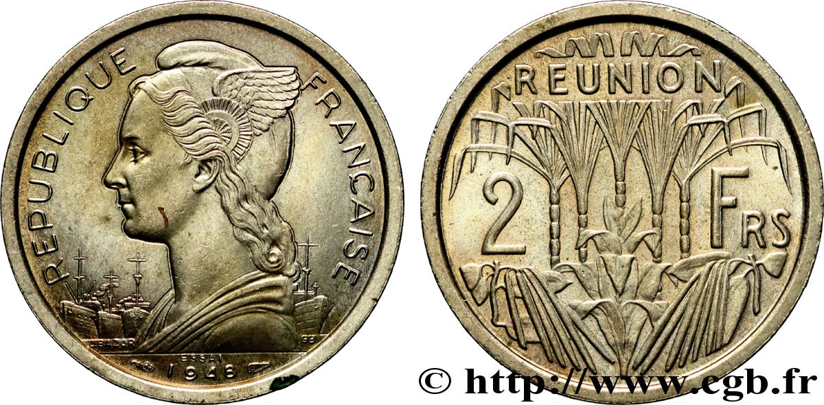 REUNION ISLAND 2 Francs Essai buste de la République 1948 Paris MS 