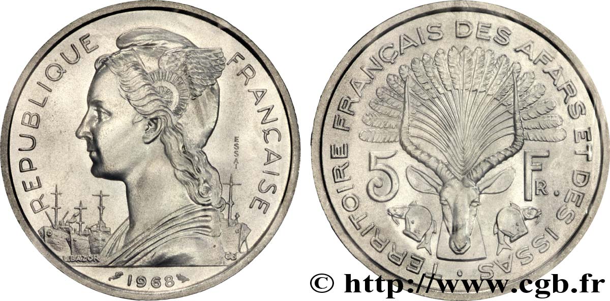 DJIBUTI - French Territory of the Afars and Issas  5 Francs ESSAI Marianne / antilope 1968 Paris MS 