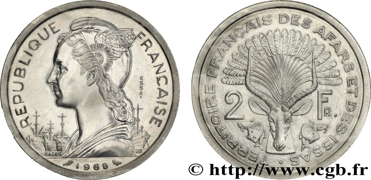 DJIBUTI - French Territory of the Afars and Issas  2 Francs ESSAI Marianne / antilope 1968 Paris MS 