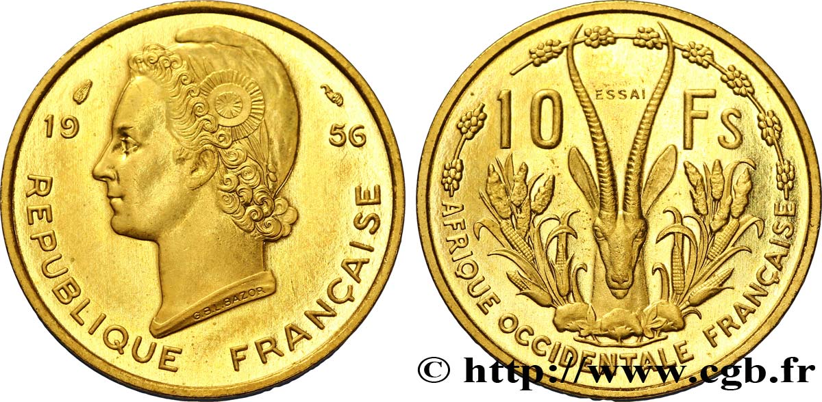 AFRICA FRANCESA DEL OESTE Essai de 10 Francs Marianne / antilope 1956 Paris SC 