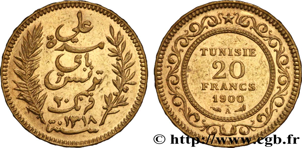 TUNEZ - Protectorado Frances 20 Francs or Bey Ali AH 1318 1900 Paris EBC 