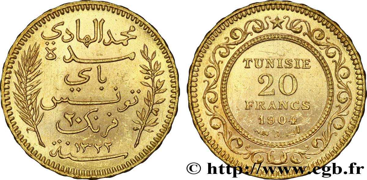 TUNISIA - French protectorate 20 Francs or Bey Mohamed El Hadi AH1322 1904 Paris MS 