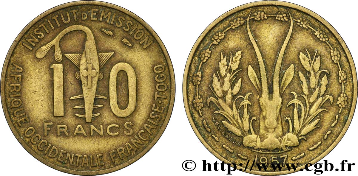 AFRICA OCCIDENTALE FRANCESE - TOGO 10 Francs masque / antilope 1957 Paris q.BB 