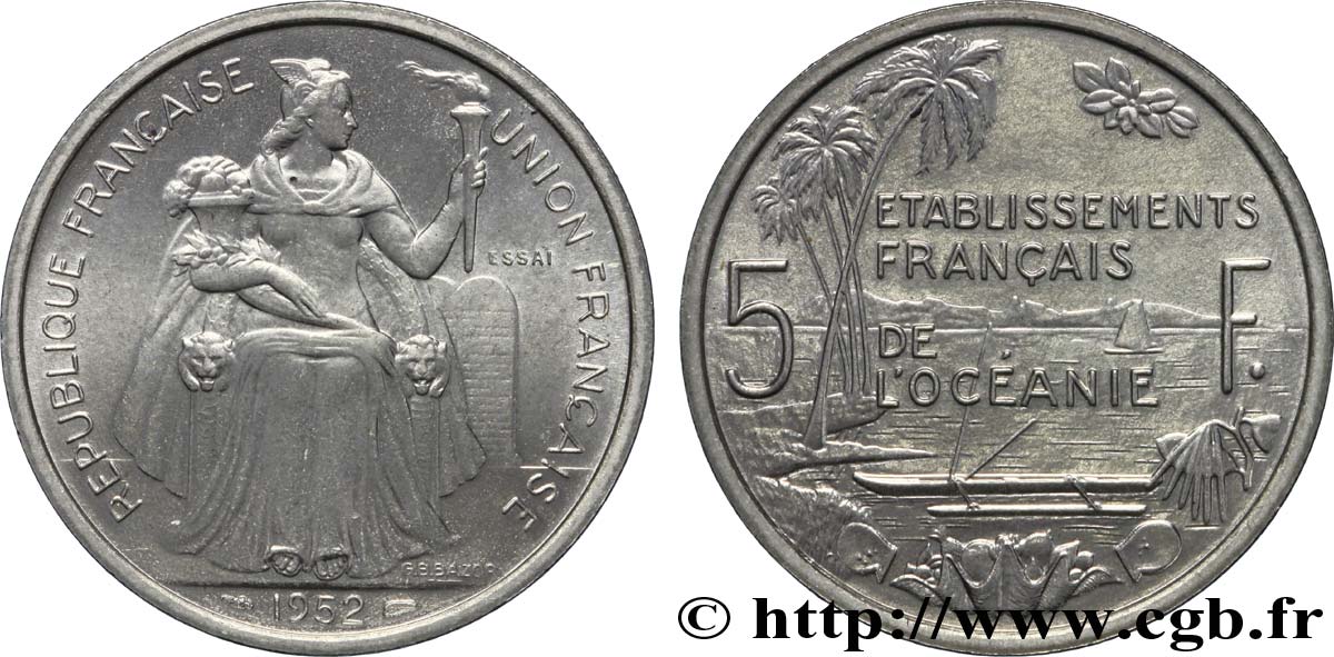 FRENCH POLYNESIA - Oceania Francesa Essai de 5 Francs Établissements français de l’Océanie 1952 Paris FDC 