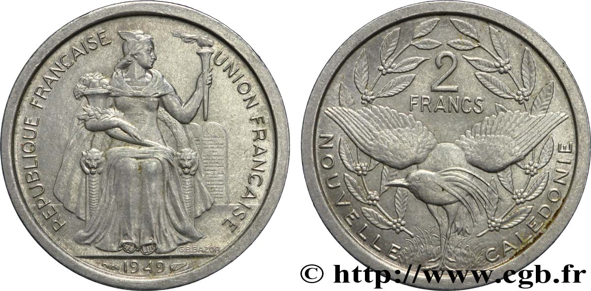 NEW CALEDONIA 2 Francs Union Française 1949 Paris AU 