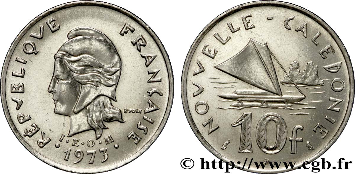 NEW CALEDONIA 10 Francs IEOM Marianne / voilier traditionnel 1973 Paris MS 