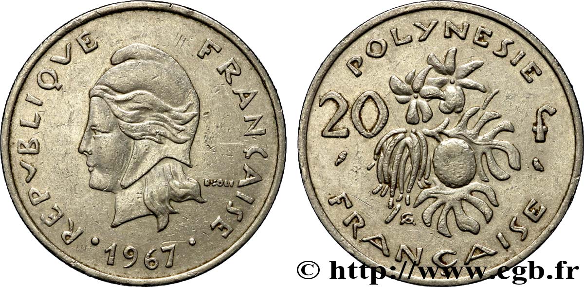 POLINESIA FRANCESE 20 Francs Marianne  1967 Paris BB 