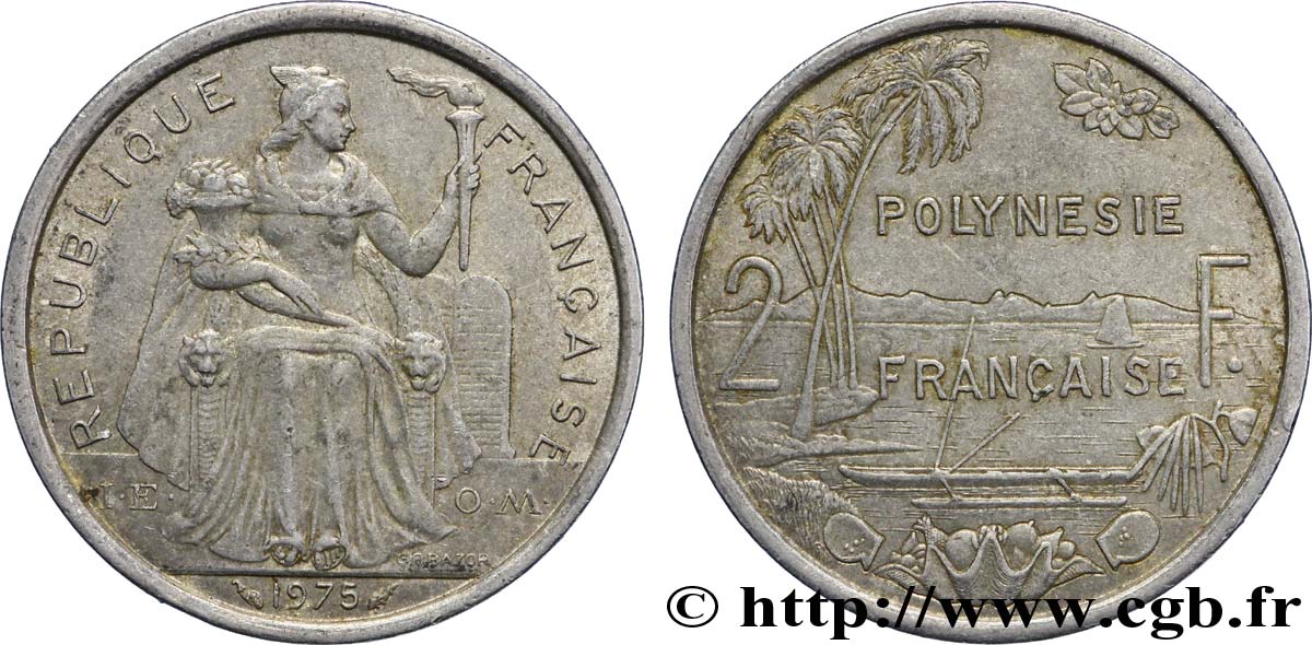 FRENCH POLYNESIA 2 Francs I.E.O.M. Polynésie Française 1975 Paris AU 