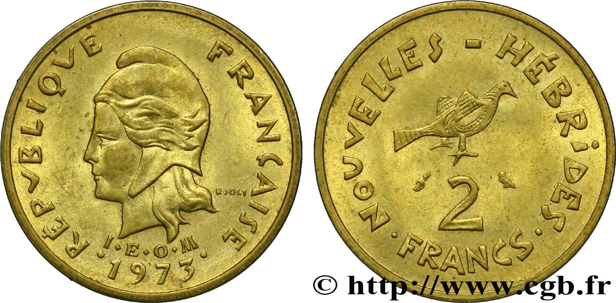 NOUVELLES HÉBRIDES (VANUATU depuis 1980) 2 Francs I. E. O. M. Marianne / oiseau 1973 Paris SUP 