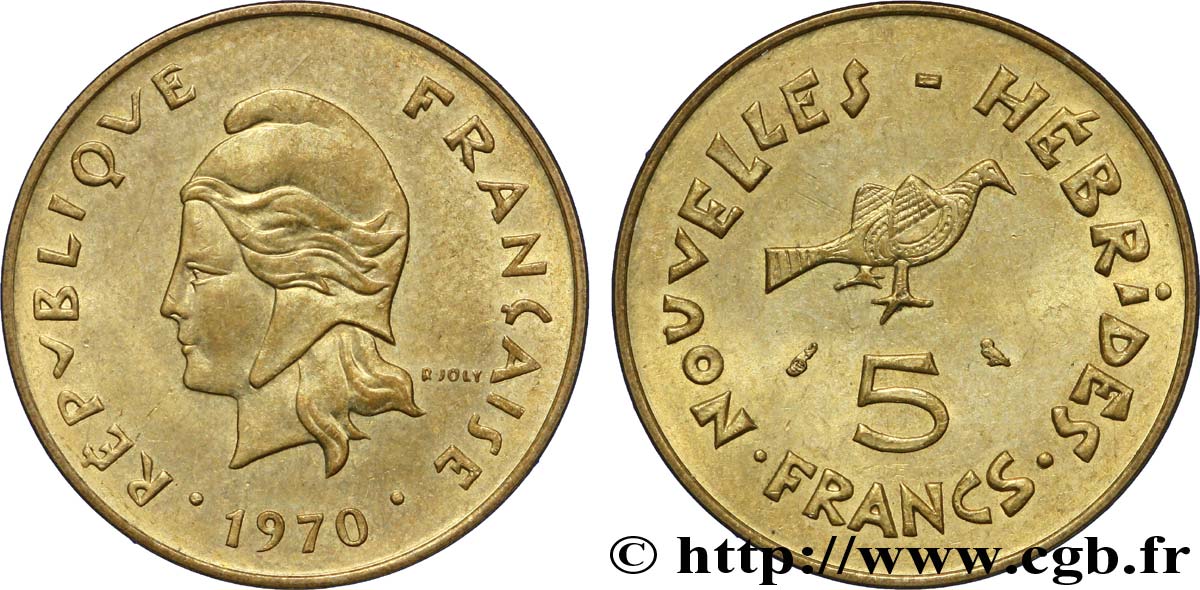 NEW HEBRIDES (VANUATU since 1980) 5 Francs Marianne / oiseau 1970 Paris AU 