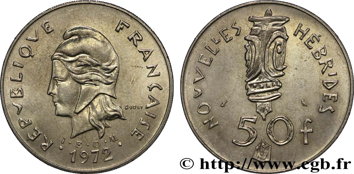 NEW HEBRIDES (VANUATU since 1980) 50 Francs I. E. O. M. Marianne / masque 1972 Paris AU 