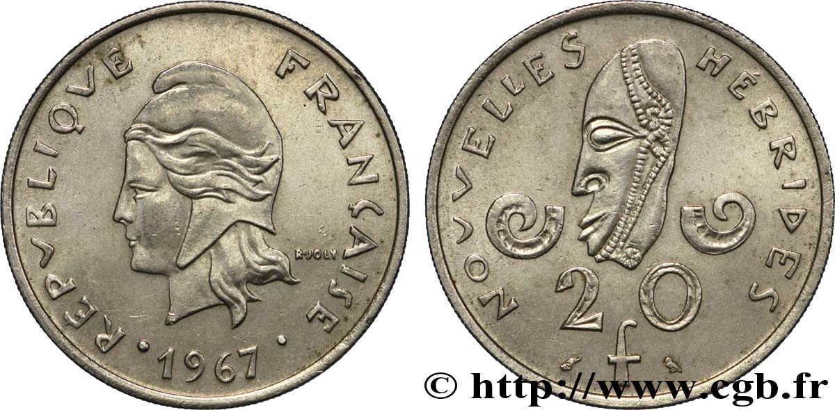 NEW HEBRIDES (VANUATU since 1980) 20 Francs Marianne / masque 1967 Paris AU 
