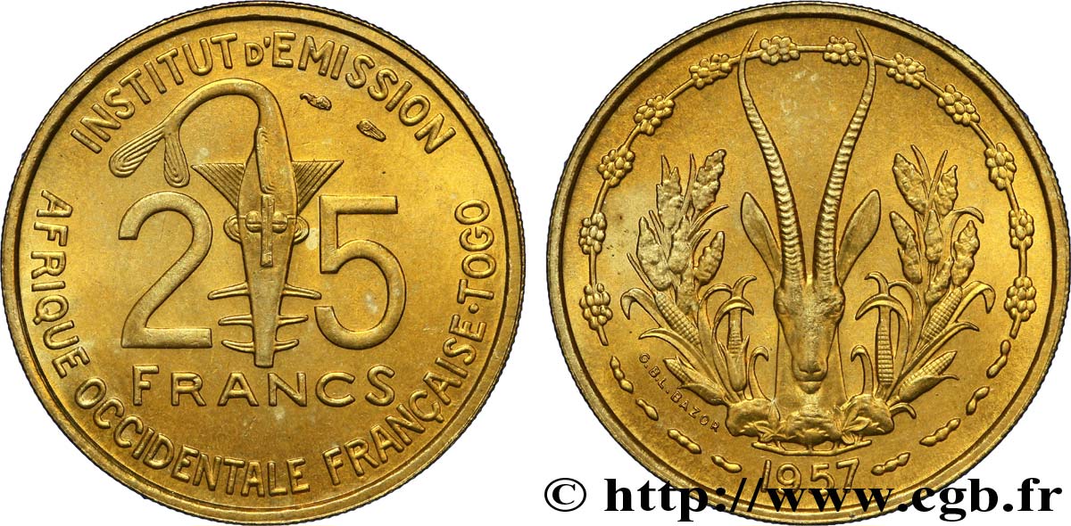 FRANZÖSISCHE WESTAFRIKA - TOGO 25 Francs 1957 Paris ST 