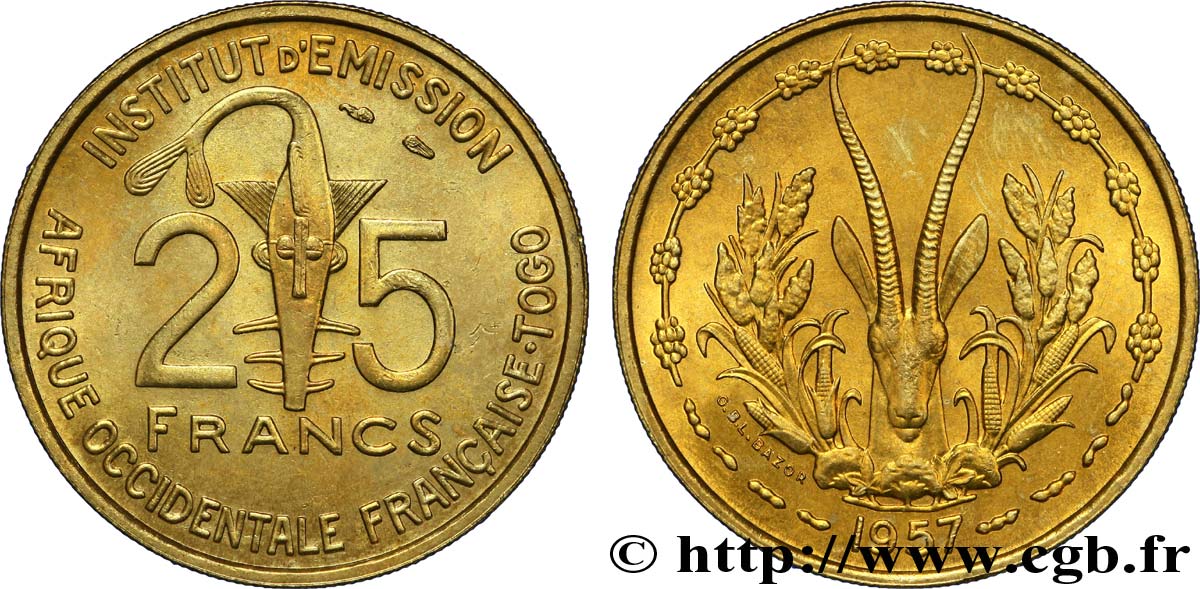 FRANZÖSISCHE WESTAFRIKA - TOGO 25 Francs 1957 Paris fST 