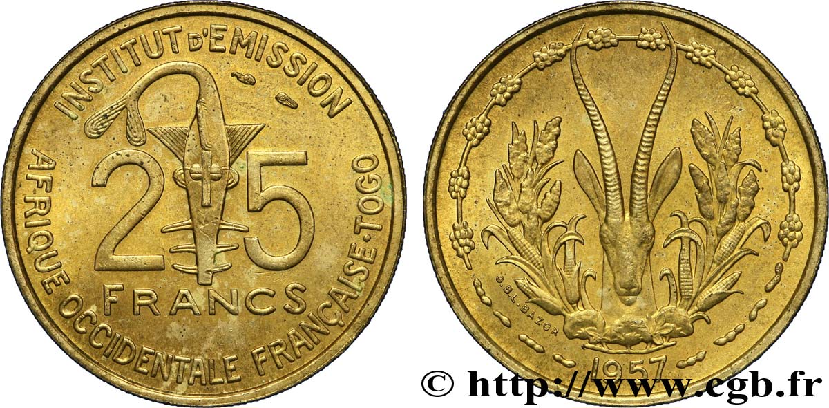 AFRIQUE OCCIDENTALE FRANÇAISE - TOGO 25 Francs 1957 Paris SUP 