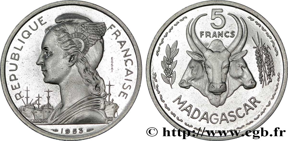 MADAGASCAR - UNIóN FRANCESA Essai de 5 Francs Marianne / buffles 1953 Paris EBC 