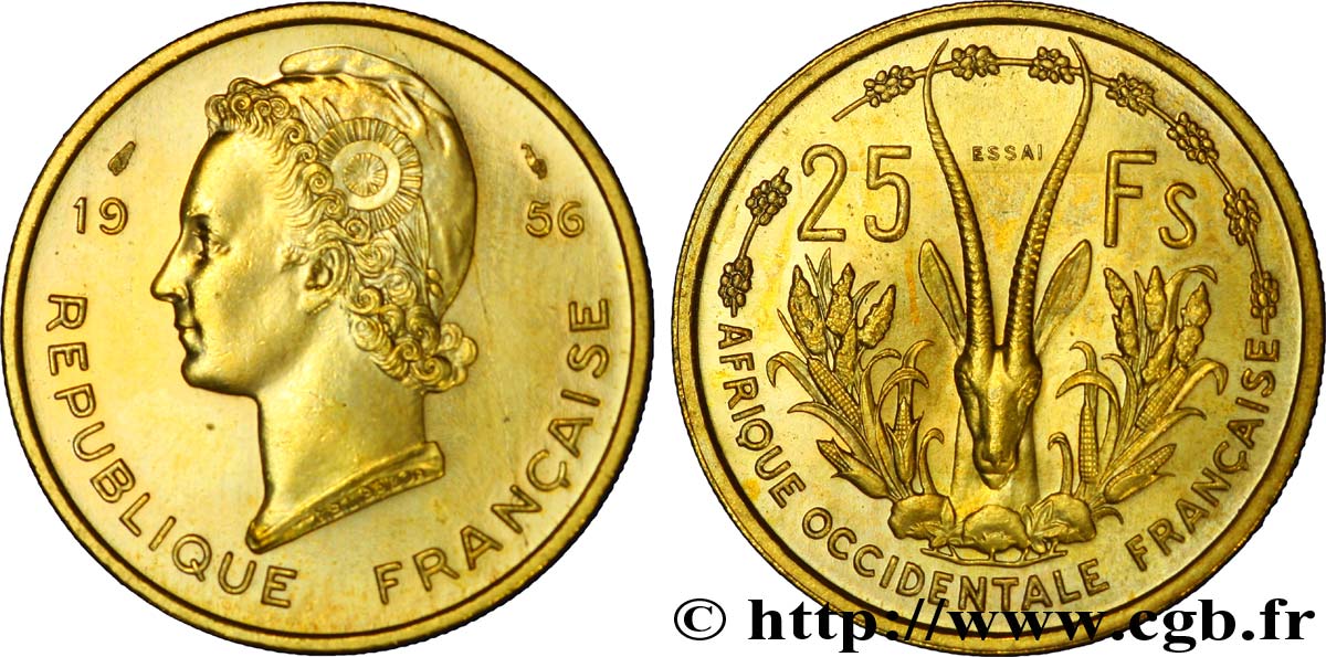 AFRICA FRANCESA DEL OESTE Essai de 25 Francs Marianne / antilope 1956 Paris SC 