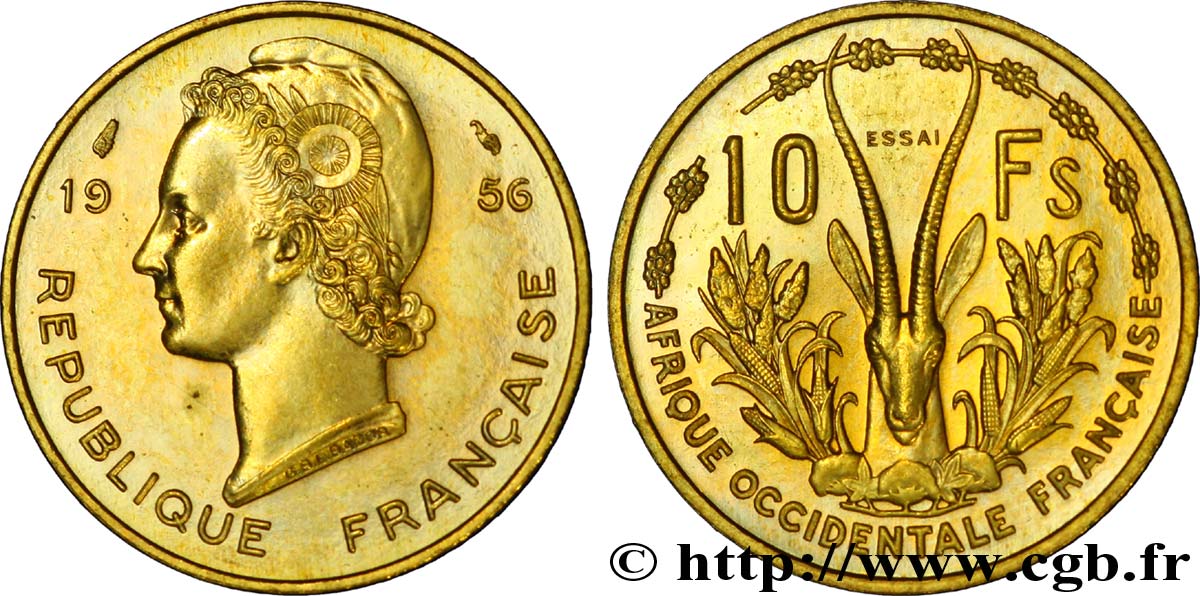 AFRICA OCCIDENTALE FRANCESA  Essai de 10 Francs Marianne / antilope 1956 Paris MS 