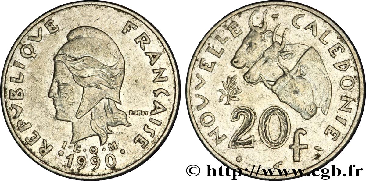 NOUVELLE CALÉDONIE 20 Francs I.E.O.M. Marianne / zébus d’élevage de Nouvelle Calédonie  1990 Paris TTB 
