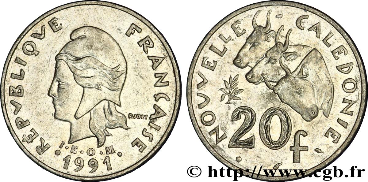 NOUVELLE CALÉDONIE 20 Francs I.E.O.M. Marianne / zébus d’élevage de Nouvelle Calédonie  1991 Paris TTB 