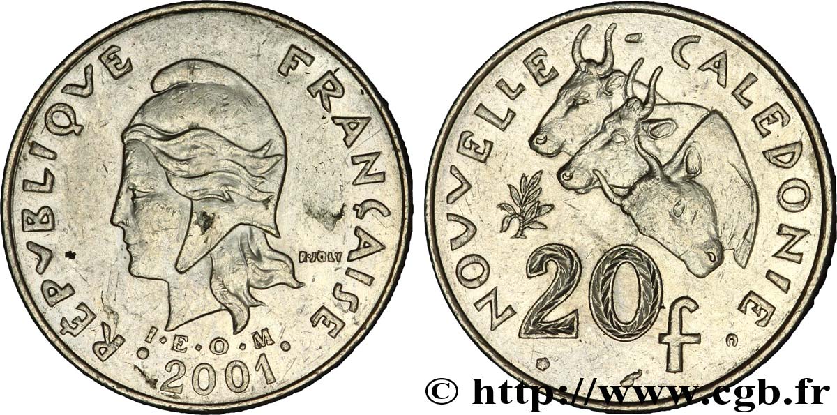 NEUKALEDONIEN 20 Francs I.E.O.M. Marianne / zébus d’élevage de Nouvelle Calédonie  2001 Paris SS 