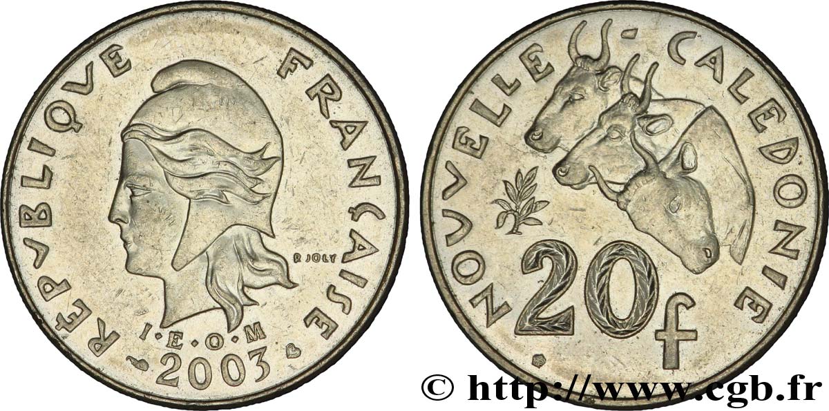 NEUKALEDONIEN 20 Francs I.E.O.M. Marianne / zébus d’élevage de Nouvelle Calédonie  2003 Paris fVZ 