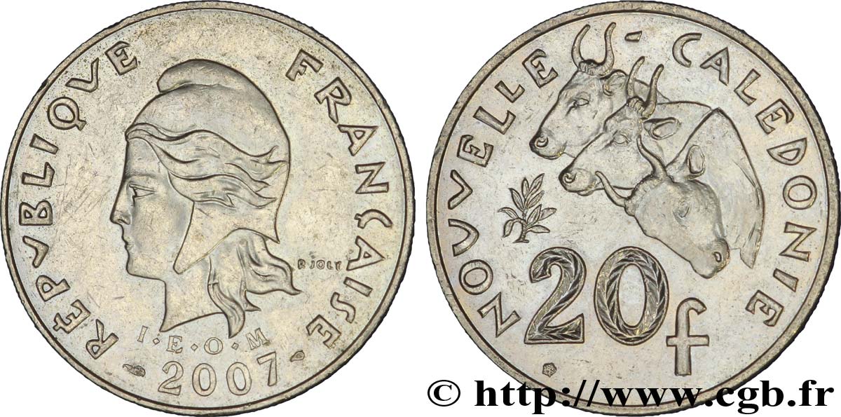 NEUKALEDONIEN 20 Francs I.E.O.M. Marianne / zébus d’élevage de Nouvelle Calédonie  2007 Paris VZ 
