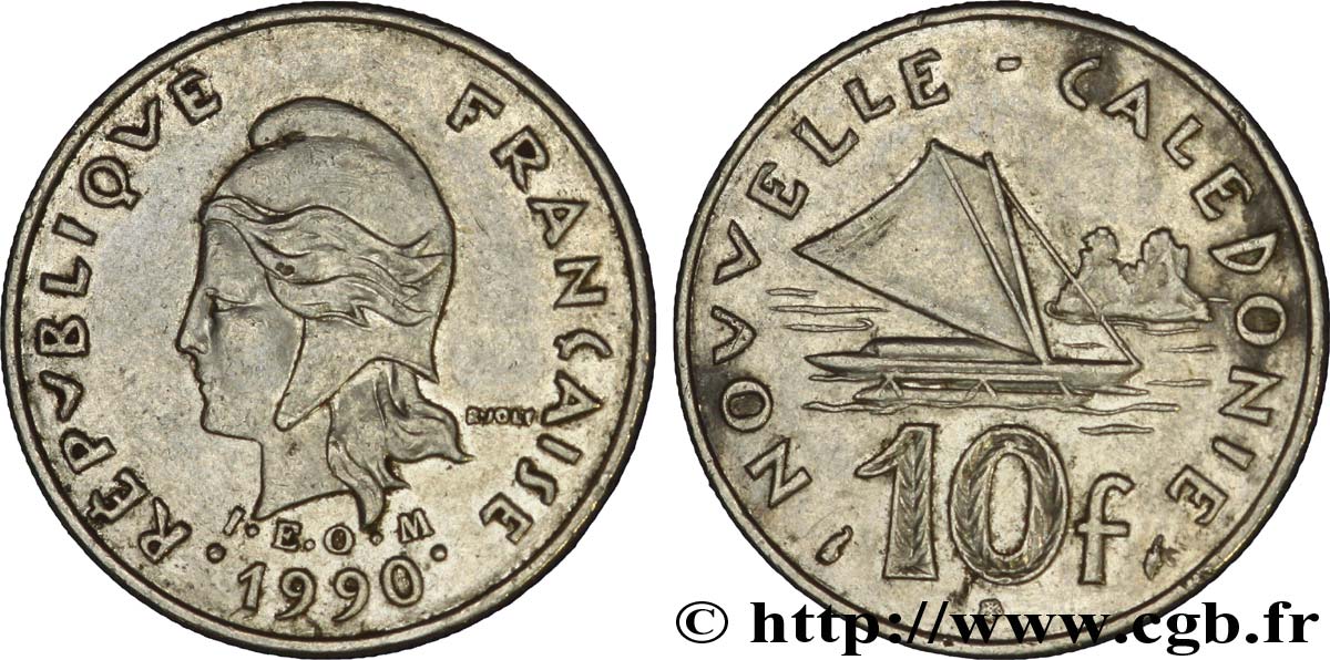 NEUKALEDONIEN 10 Francs I.E.O.M. Marianne / paysage maritime néo-calédonien avec pirogue à voile  1990 Paris SS 