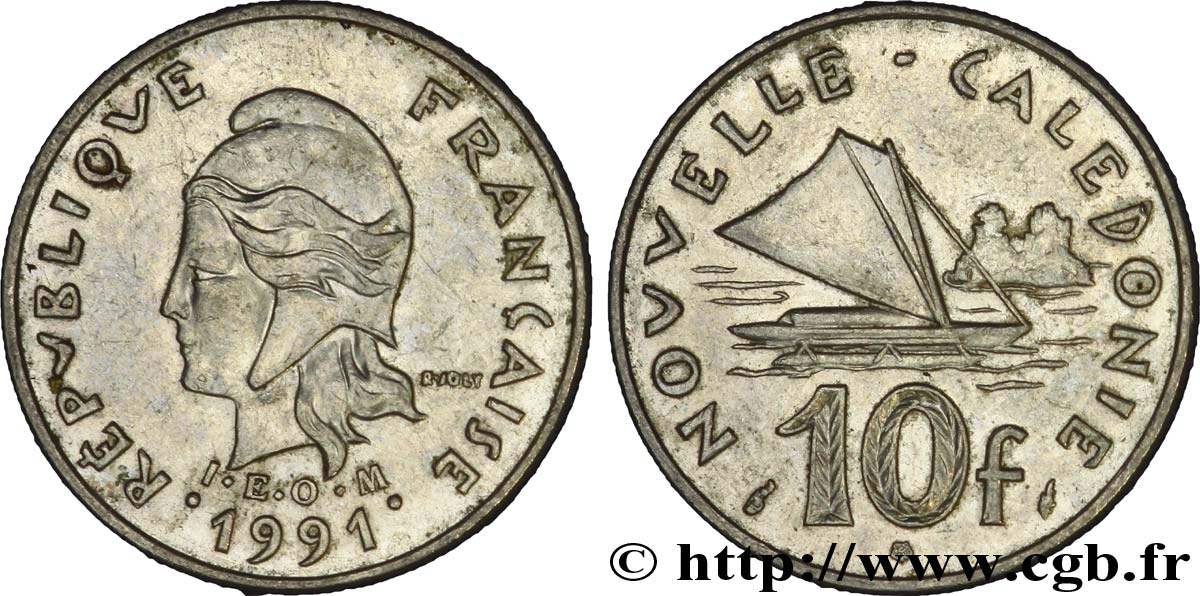 NUOVA CALEDONIA 10 Francs I.E.O.M. Marianne / paysage maritime néo-calédonien avec pirogue à voile  1991 Paris q.SPL 