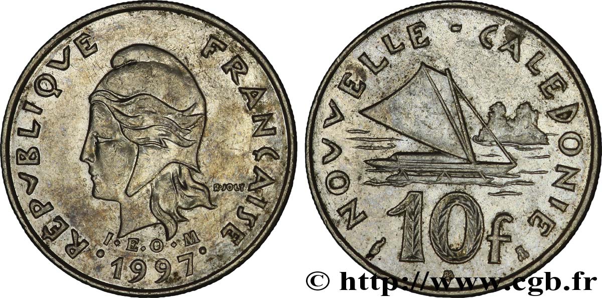 NUOVA CALEDONIA 10 Francs I.E.O.M. Marianne / paysage maritime néo-calédonien avec pirogue à voile  1996 Paris SPL 