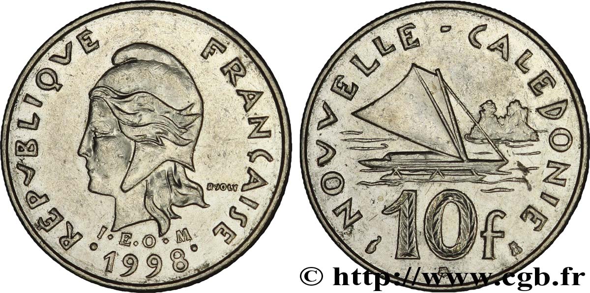 NOUVELLE CALÉDONIE 10 Francs I.E.O.M. Marianne / paysage maritime néo-calédonien avec pirogue à voile  1998 Paris TTB+ 