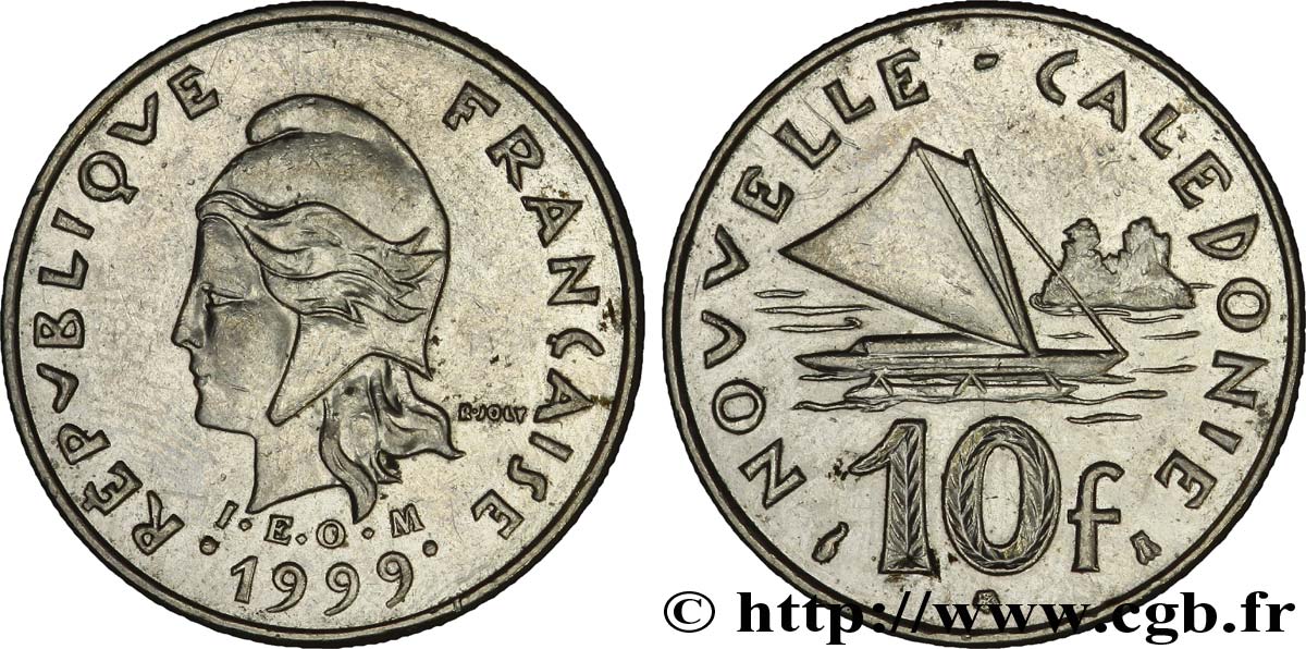 NOUVELLE CALÉDONIE 10 Francs I.E.O.M. Marianne / paysage maritime néo-calédonien avec pirogue à voile  1999 Paris TTB+ 